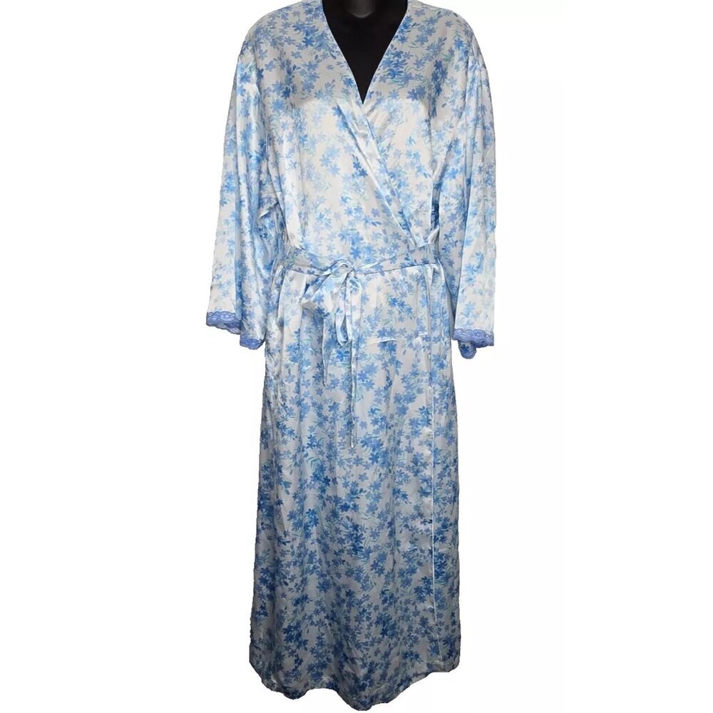 Oscar De‎ La Renta Womens Robe Large Satin Blue Floral Belt Kimono Long